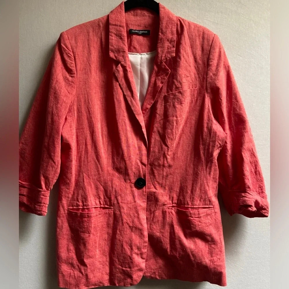 Mario Serrani Linen Cotton Ruched 3/4 Sleeve Blazer M - 20 PTP